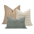 PILLOW COMBO || Set Of Three Designer Pillow Covers, Brown Stripes, Cream and Rust Stripes, Linen Greenish Blue Floral