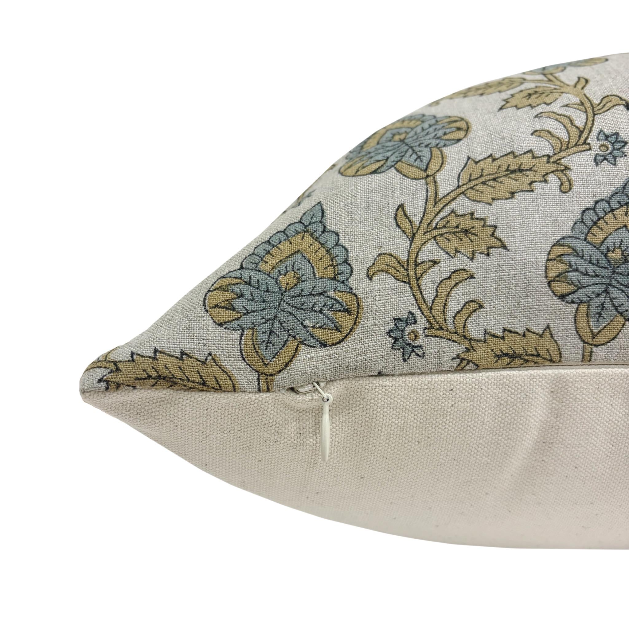 MAISIE || Designer Floral Linen Pillow Cover, Blue and Mustard Floral Pillow Cover, Block Print Linen Pillow, Small Floral Pillow