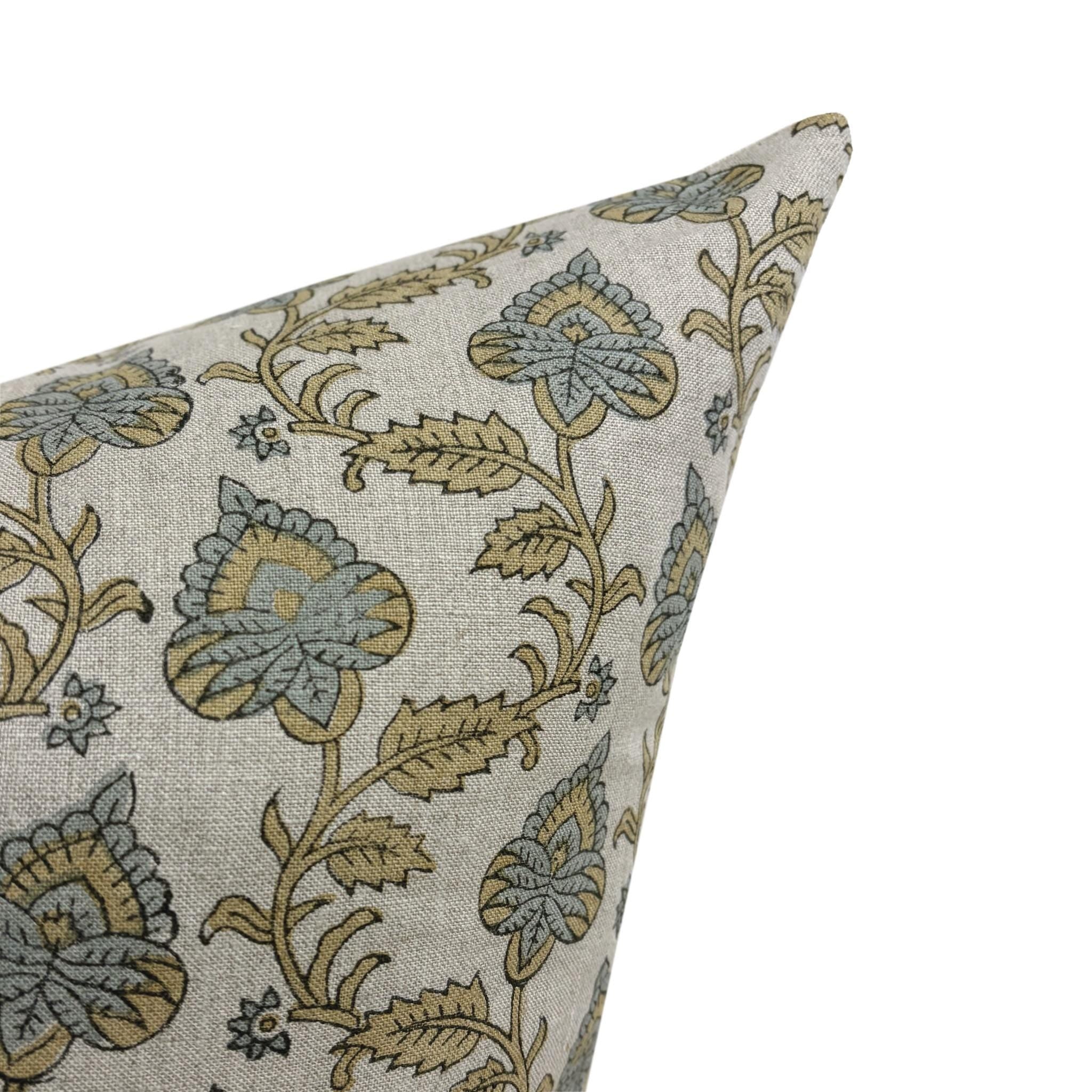 MAISIE || Designer Floral Linen Pillow Cover, Blue and Mustard Floral Pillow Cover, Block Print Linen Pillow, Small Floral Pillow
