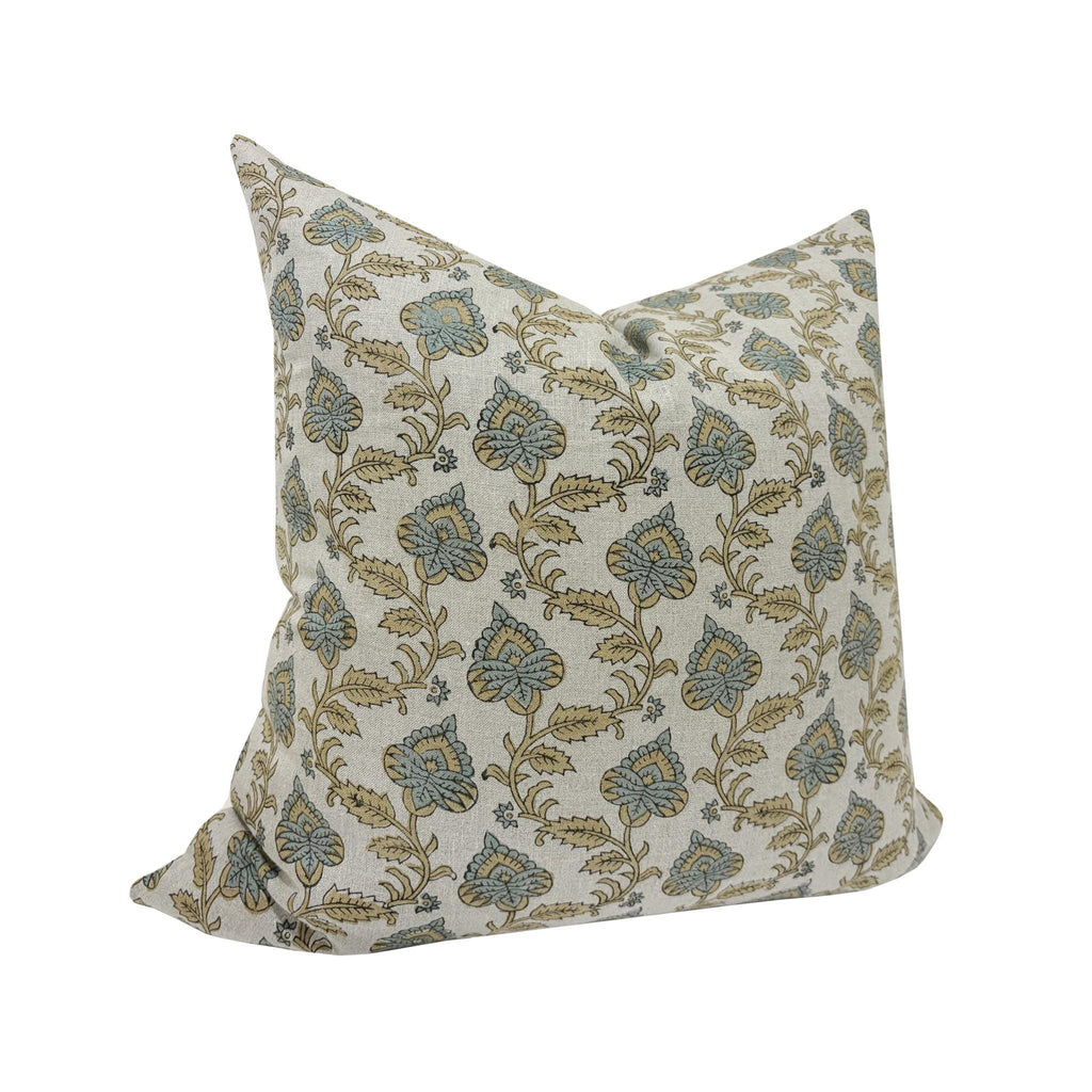 MAISIE || Designer Floral Linen Pillow Cover, Blue and Mustard Floral Pillow Cover, Block Print Linen Pillow, Small Floral Pillow