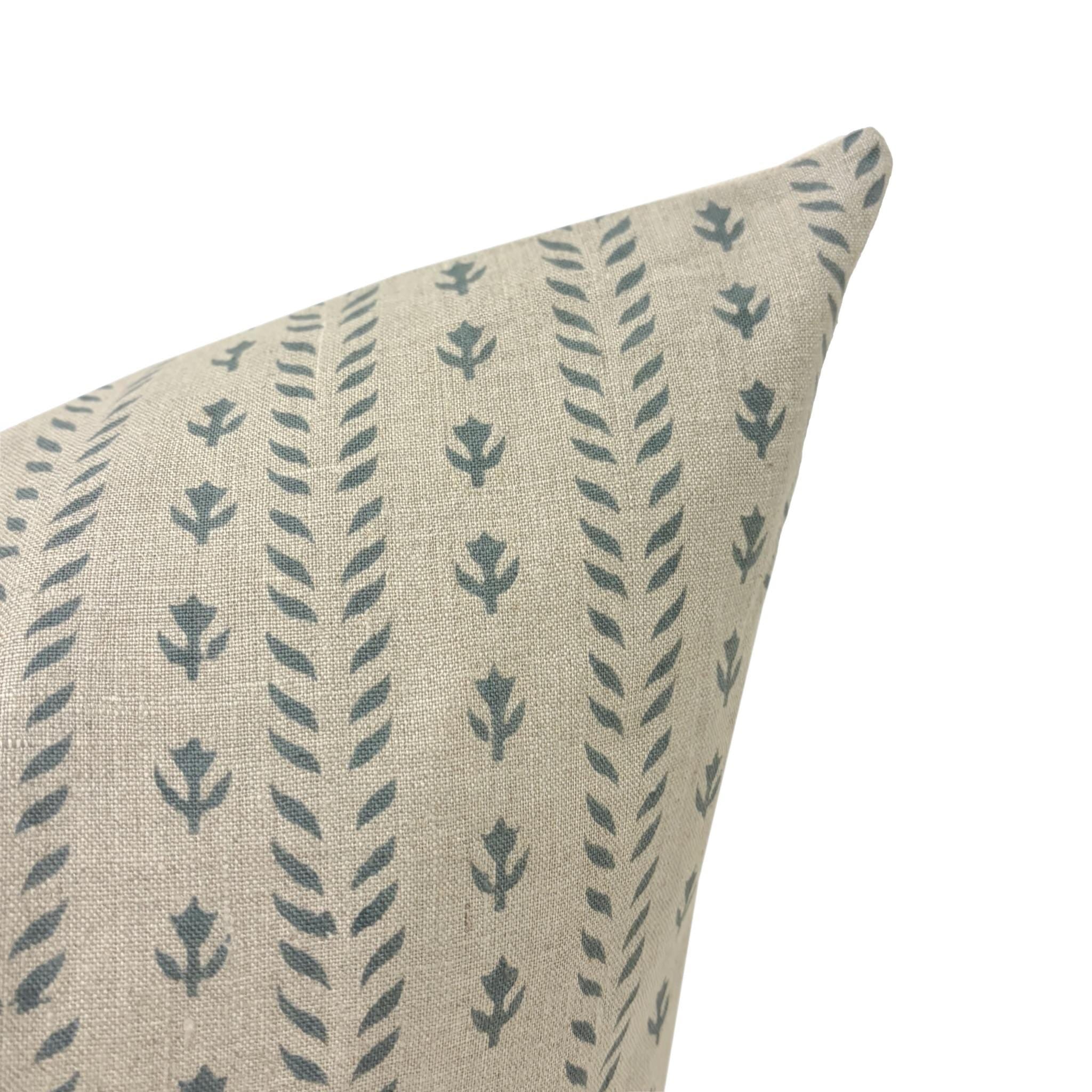 TESS || Designer Floral Linen Pillow Cover, Teal and Beige Floral Pillow Cover, Block Print Linen Pillow, Small Floral Pillow