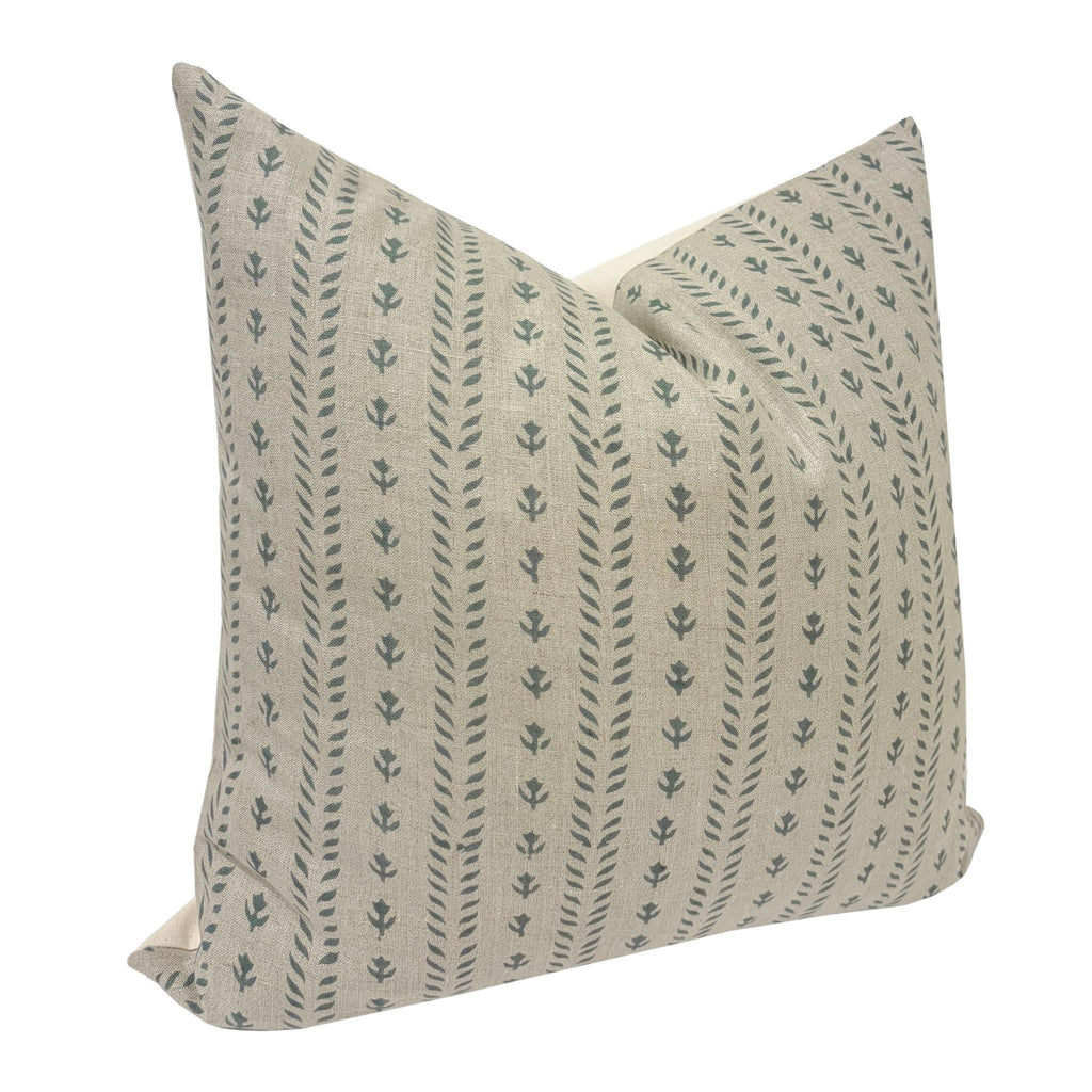 TESS || Designer Floral Linen Pillow Cover, Teal and Beige Floral Pillow Cover, Block Print Linen Pillow, Small Floral Pillow