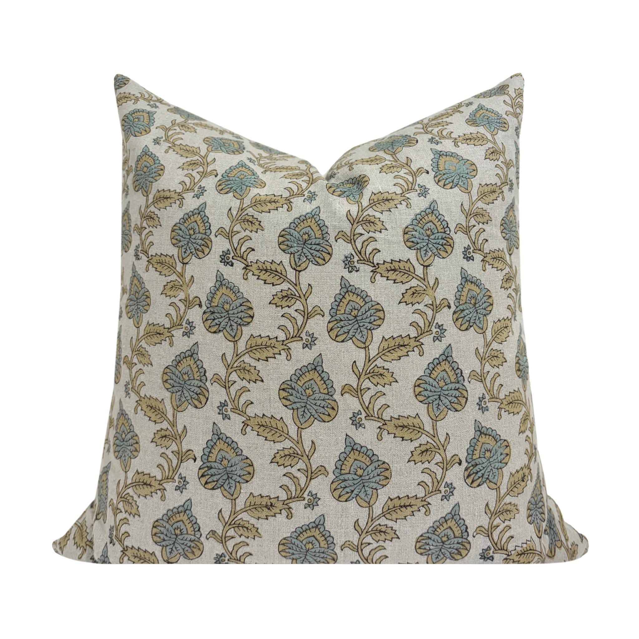 MAISIE || Designer Floral Linen Pillow Cover, Blue and Mustard Floral Pillow Cover, Block Print Linen Pillow, Small Floral Pillow