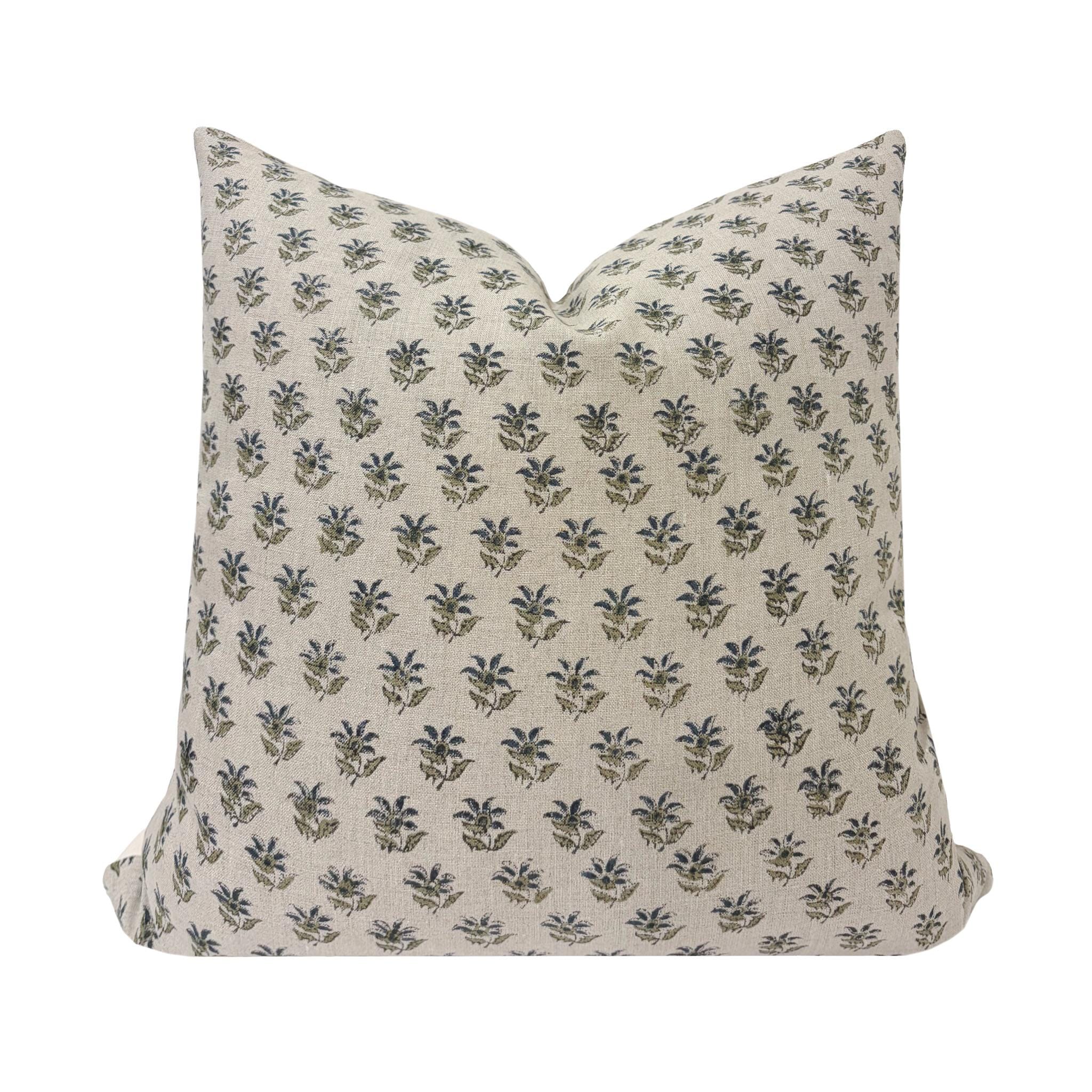 VERA || Designer Floral Linen Pillow Cover, Small Print Floral Pillow Cover, Block Print Linen Pillow