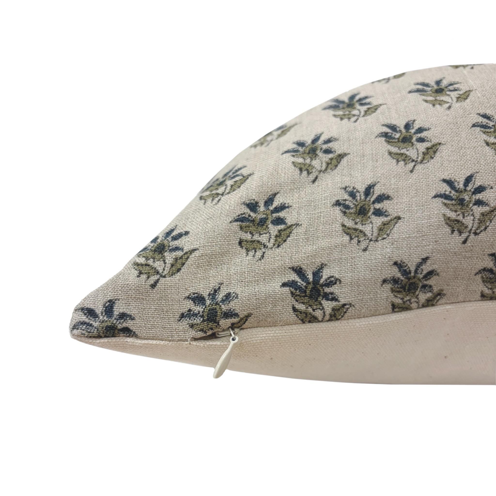 VERA || Designer Floral Linen Pillow Cover, Small Print Floral Pillow Cover, Block Print Linen Pillow