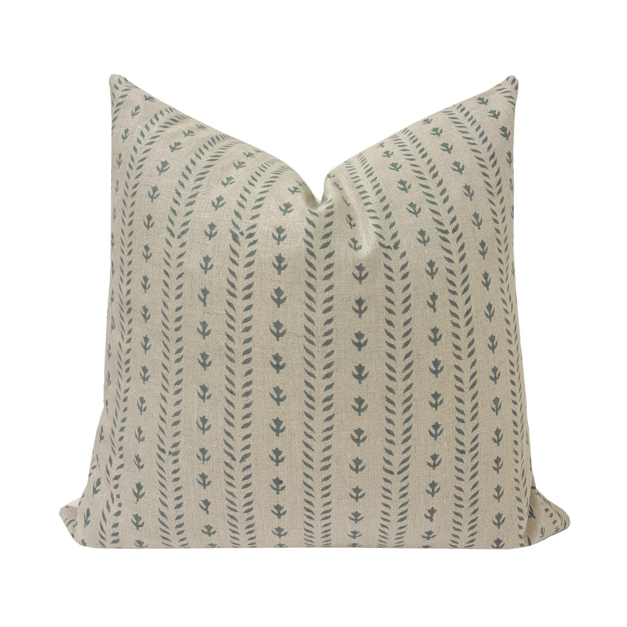 TESS || Designer Floral Linen Pillow Cover, Teal and Beige Floral Pillow Cover, Block Print Linen Pillow, Small Floral Pillow
