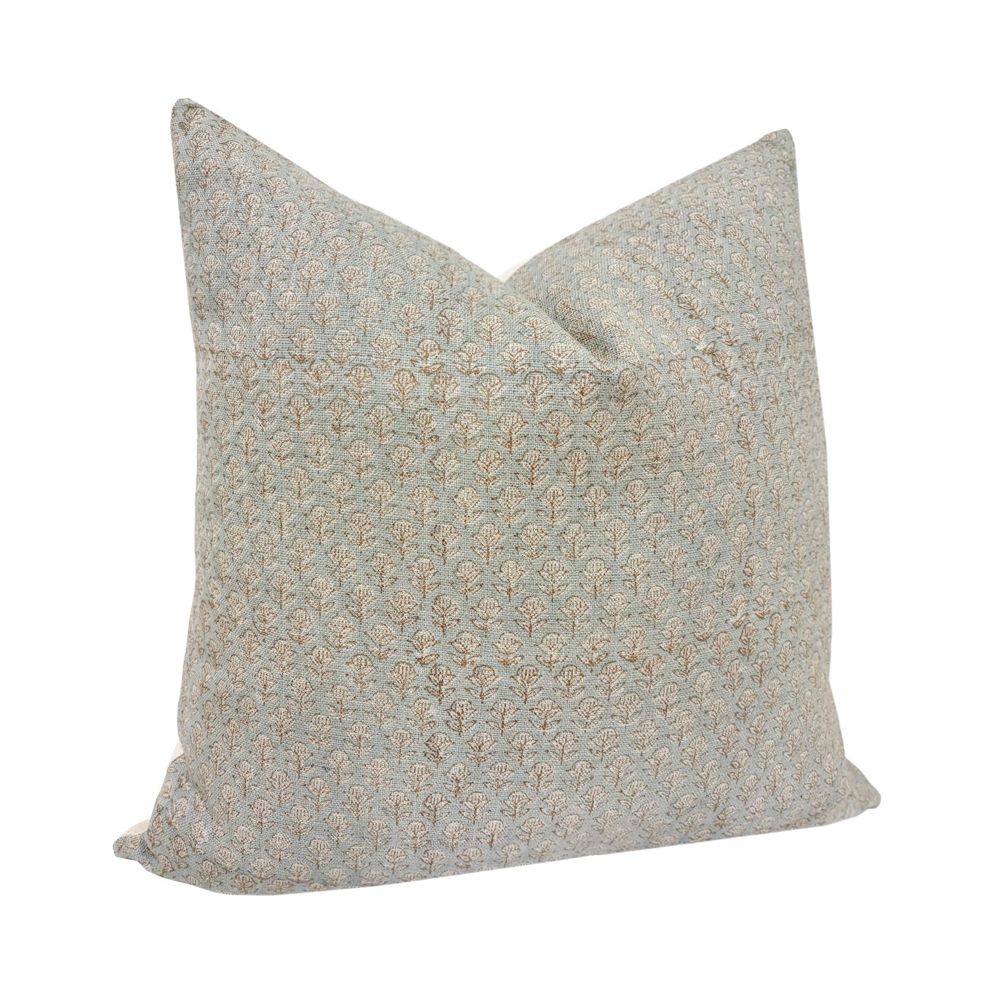 ALAINA || Designer Floral Linen Pillow Cover, Blue Handbloack Floral Pillow, Block Print Pillow, Block Linen Pillow,